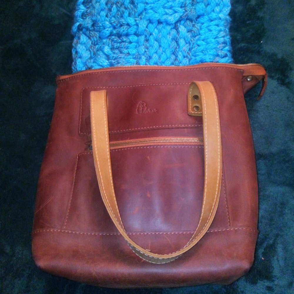 Babak Two Toned Square Leather Tote, Reddish Brown & Tan - Picture 12 of 15